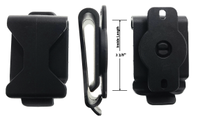 Front, side and back of kydex-type ratcheting clip